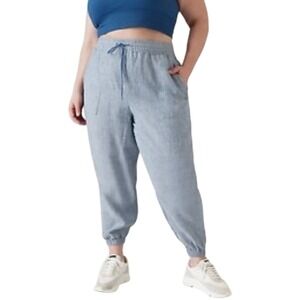 Athleta Linen Blend Jogger Pants Women's Size 12P‎ Blue Drawstring Pockets
